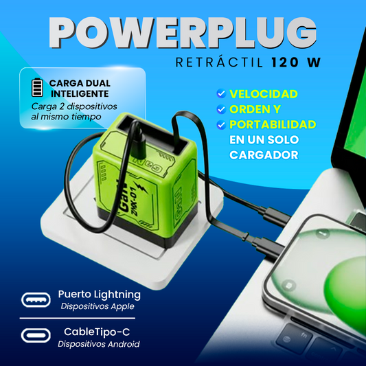 🔋 POWERPLUG 120W – Tecnología de Carga Turbo + Cable Retráctil Compacto